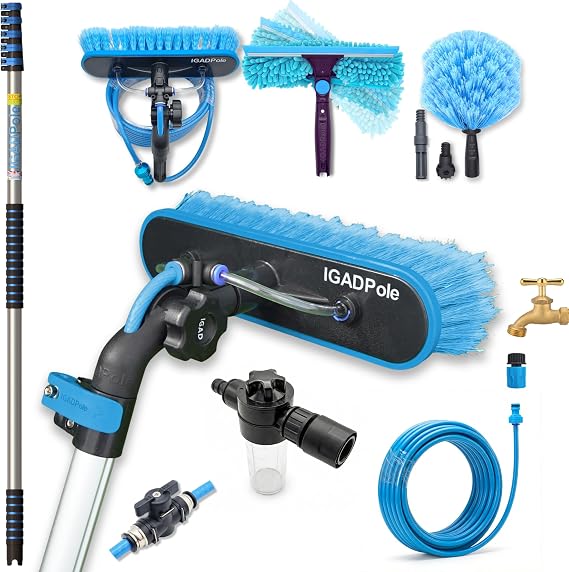 IGADPole 20 FT Water-Fed Washing Kit with Soap-Dispenser, Brush, 10 Squeegee & Cobweb Duster for Windows, Gutters, Solar Panels & Exterior Walls