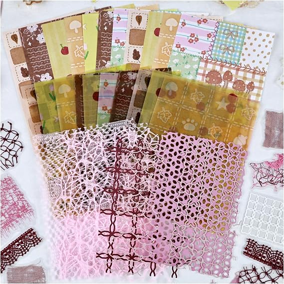 Diuhofart Pink Scrapbook Paper Set, 47 Pieces Textured Decorative Paper with Mesh and PET Sticker Accents for Junk Journal Supplies, Vintage Collage, Scrapbooking, Card Making