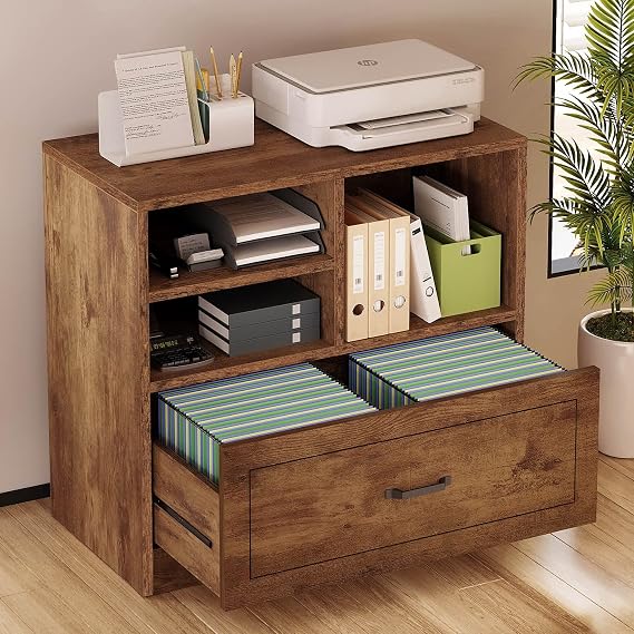 LVB Wood Lateral File Cabinet with Drawer, Wide Filing Cabinet for Letter/Legal/A4/F4 Size, Farmhouse Office Storage File Cabinets Printer Stand with Open Shelf in Home, Rustic Brown, 83 cm