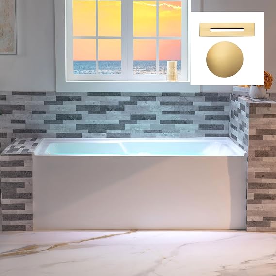 WOODBRIDGE 54" Acrylic Rectangular Alcove Soaking Bathtub in White with Left Drain, Brushed Gold pop-UP Drain Included BA5430L
