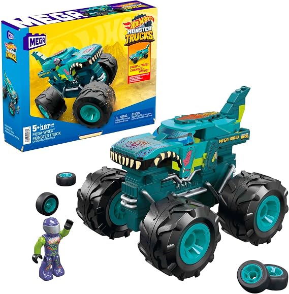 MEGA Hot Wheels Monster Trucks Building Toy Playset, Mega-Wrex with 187 Pieces, 1 Micro Action Figure Driver, Gift Ideas for Kids Age 5+ Years, HDJ95