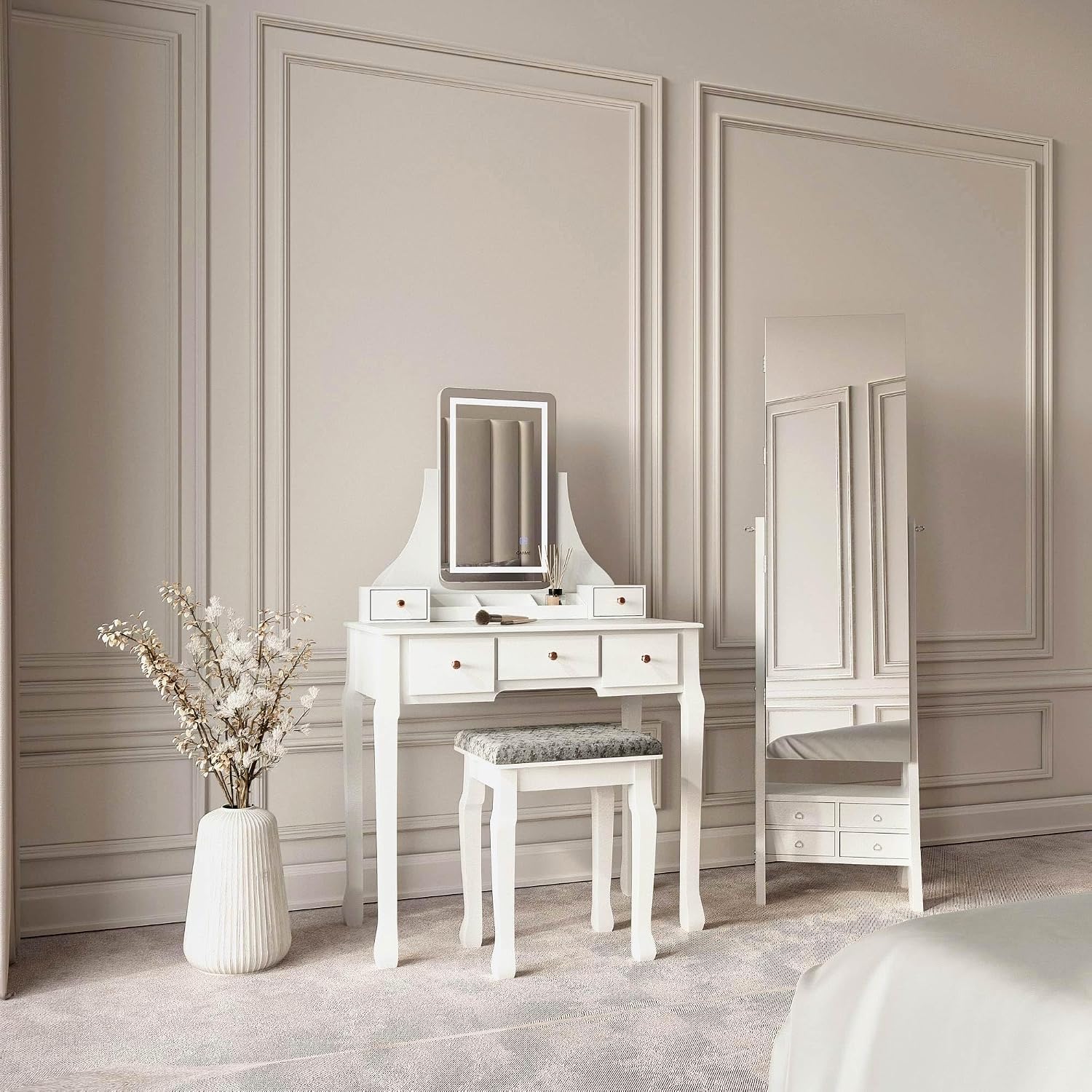 CARME Savannah & Nikita Collection - Savannah White Dressing Table - 2-Piece Set - Touch Screen LED Light - Rectangle Mirror & Nikita Jewellery Cabinet - Makeup Storage