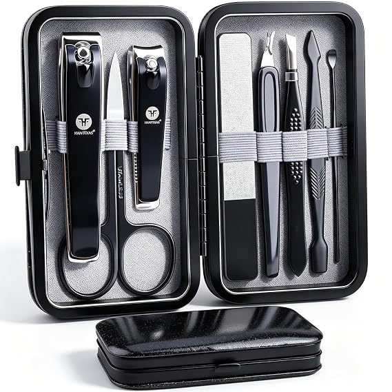 HANTEKAS Manicure Pedicure Set 8pcs Stainless Steel Nail Clippers Kit Fingernail Toenail Clippers Cutters with Leather Case for Home Workplace Outdoor Travel Salon Gift for men women family friends