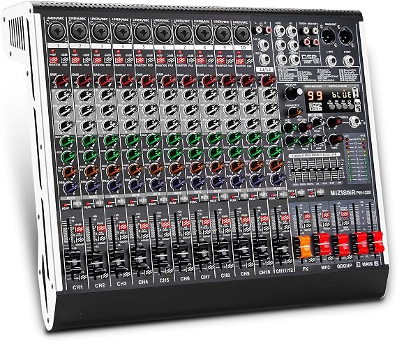 12 Channel Audio Mixer Professional Sound Mixing Board with 99 DSP Effects, 7-band EQ Digital DJ Mixer Console w/USB Bluetooth MP3 for Recording, Independent 48V Power & Mute Button