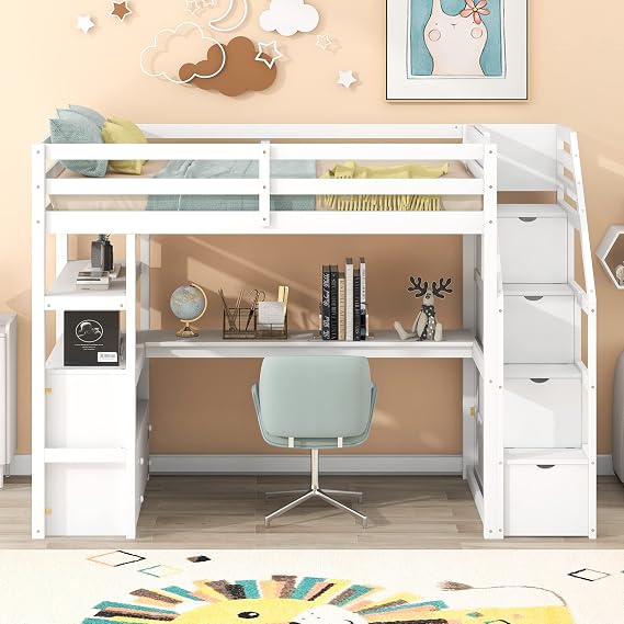 Twin Size Loft Bed Desk and Storage Bookshelf Wooden Twin Size Loft Bed Frame Storage Shelves High Loft Bed Frame Teens Girls & Boys No Box Spring Needed (Twin Gray)(White with Staircase,Twin)