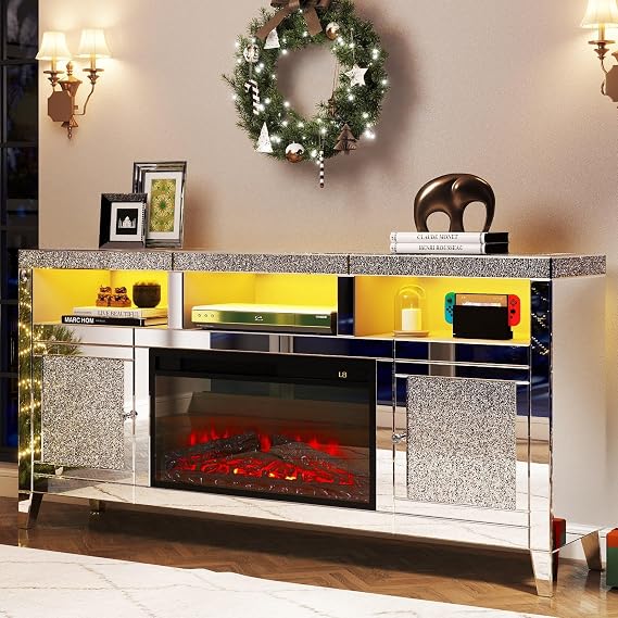 COSVALVE Mirrored TV Stand with Fireplace Heater, Silver TV Stands for Living Room 65+ Inch TVs with LED Light, Crushed Diamond Modern Entertainment Center, TV Console Table, Remote Included