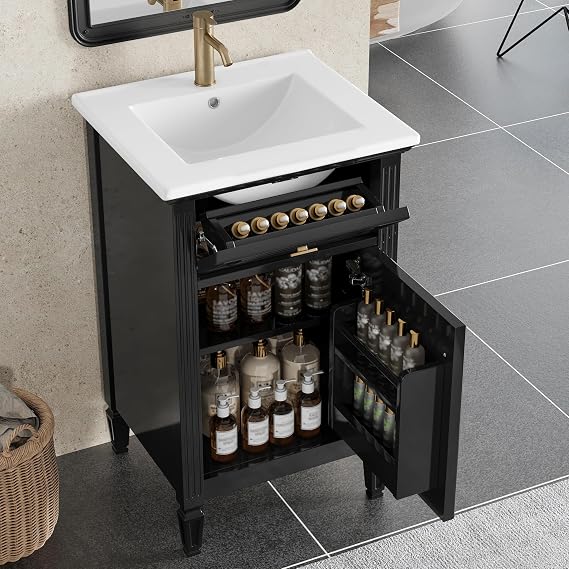 Harper & Bright Designs 20" Bathroom Vanity with Sink, Free Standing Vanity Set with Tip-Out Drawer, Storage Racks, and Adjustable Shelf, Wood Bathroom Cabinet with Ceramic Basin for Bathroom, Black