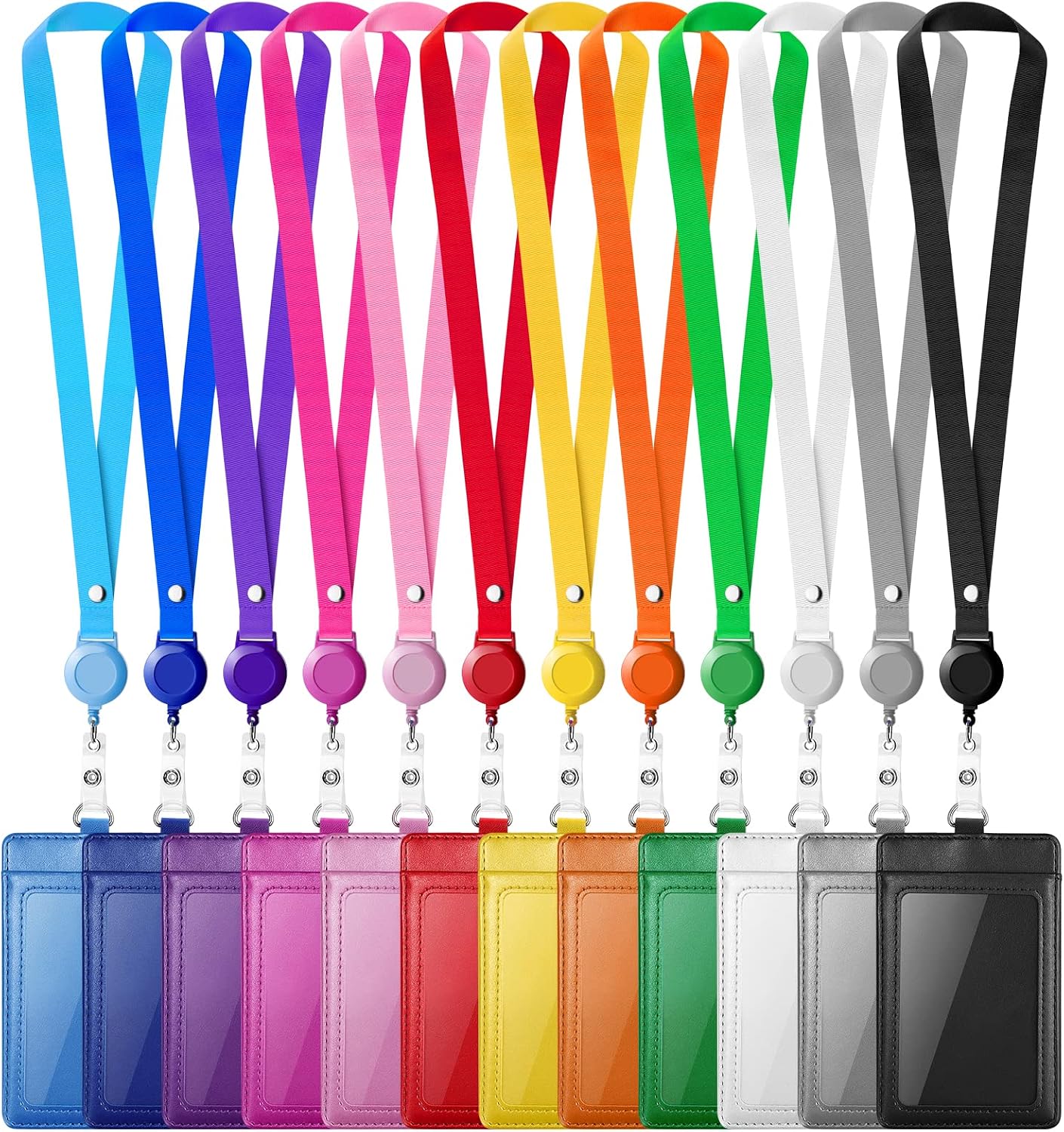 12 Pack ID Badge Holders with Retractable Lanyards Colorful Retractable Lanyards with Vertical Leather ID Badges for Office, School, Travel