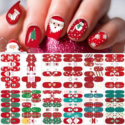 winthrop 12 Sheets Christmas Nail Wraps Full Stickers Nail Polish Strips, DIY Self-Adhesive Nail Art Glitter Decals Santa Claus Xmas Tree Reindeer Snow Party Decor with 2 Pcs Nail Files 168 Pieces
