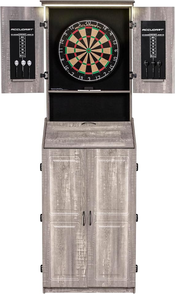 Accudart Dartboard Cabinet Set with LED Lighting Premium Brazilian Sisal Board, StapleFree Razor Wire, Weathered Grey Cabinet, Builtin Storage, Dual Chalkboards Includes SteelTip Darts