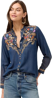 Johnny Was Durago Ruffle Neck Denim Navy Blue Shirt Floral Embroidered Top New