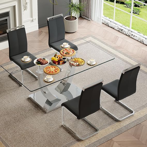 Modern Rectangular Glass Dining Table Set for 4, PU Dining Chairs Set 4,Dining Room Table Set for 4 for Living Room Kitchen