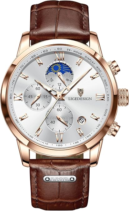LIGE Mens Watch, Men's Wrist Watches Quartz Movement, Leather Strap, 3-disc Chronograph with Calendar, Luminous Display, 3ATM Waterproof (3M), Business Outdoor Leisure