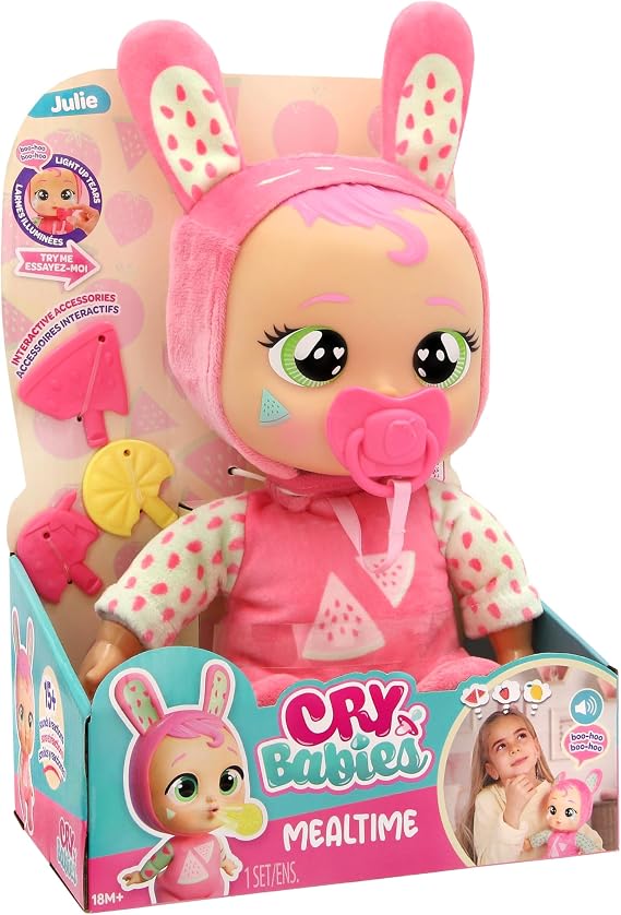Cry Babies Mealtime Julie Interactive Newborn Doll With Light Up Tears Baby Sounds And Feeding Accessories Toy For Kids Age 3 Years and Up