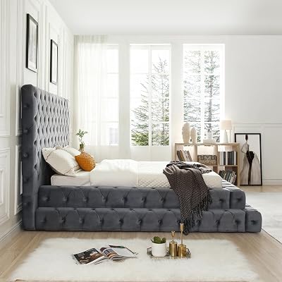 Better Home Products Eleonora Velvet King Bed - Luxurious Upholstered Design with Deep Button Tufting in Gray Gray, King