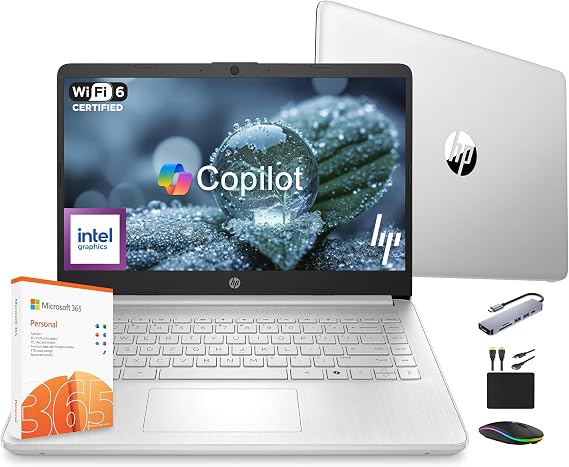 HP 14 Laptop Computer 2025 Ultra Light, AI Copilot Student Business, Quad-Core Intel, 16GB RAM, 628GB Storage (128GB UFS+ 500GB Ext), 1 Yr Office 365, 12 Hr Battery MarxsolAccessory Win 11S, Silver