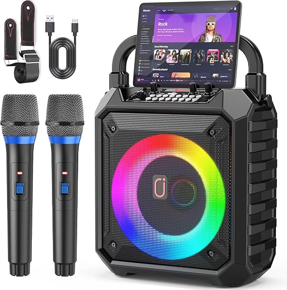 JYX Karaoke Machine with 2 Wireless Microphones Bluetooth 5.3 80W Speaker 6.5 Inch Bass up to 12 Hours LED Light USB/TF/AUX Portable Karaoke Set for Children and Adults