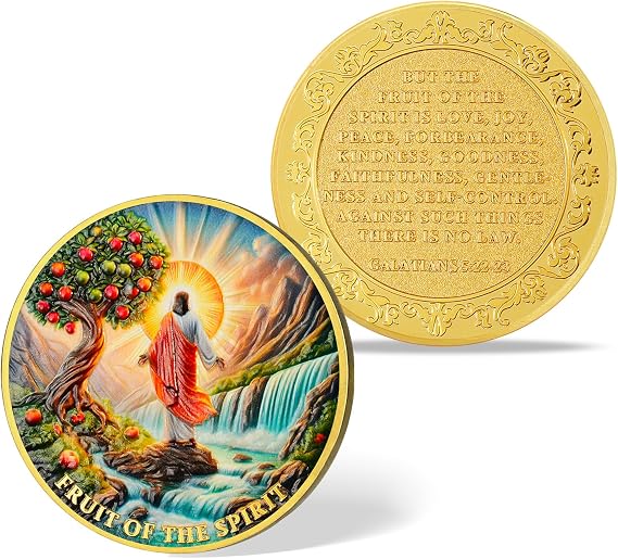 Fruit of The Spirit Religious Coin Jesus Christ Christian Token with Galatians 5:22-23 Scripture Inspirational Faith Gift with Tree, Waterfall & Spiritual Virtues