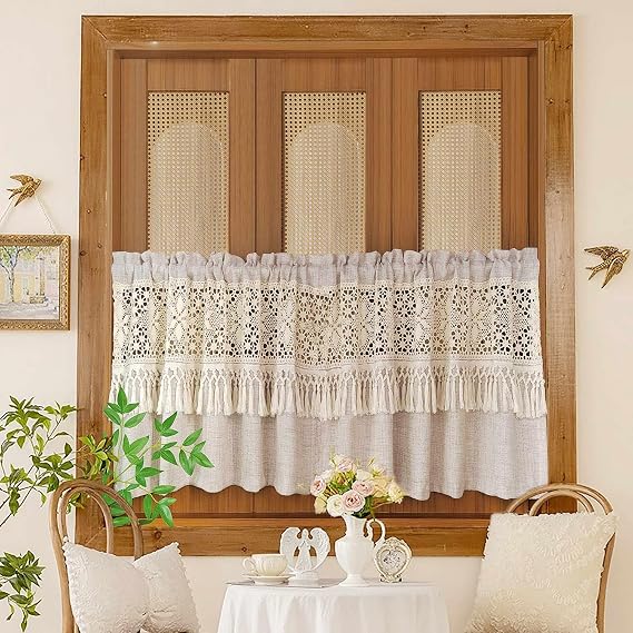 Boho Crochet Lace Linen Sheer Valances for Window Kitchen Oven Apron Cafe