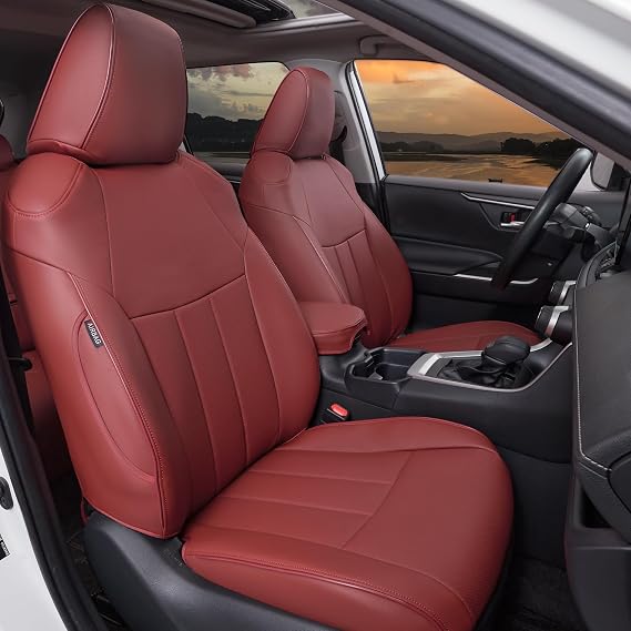 RAV4 Full Coverage Car Seat Covers for Toyota RAV4 Hybrid 2019-2025 LE XLE XLE Premium Limited, Custom Fit Faux Leather Seat Covers Full Set, Water-Resistant Automotive Seat Protectors, Burgundy