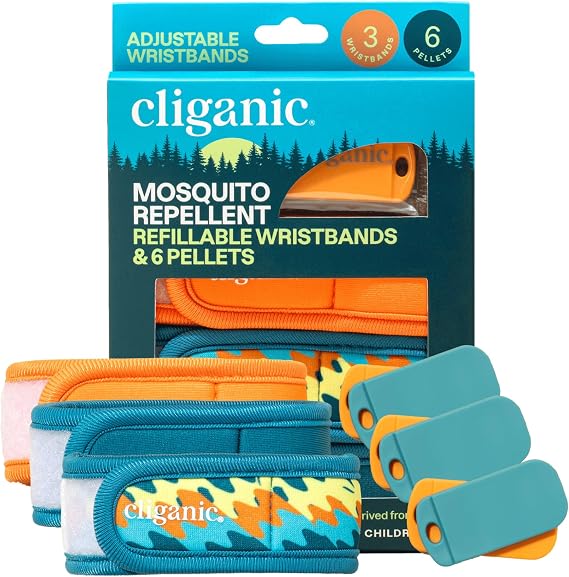 Cliganic Mosquito Repellent Pack (3 Wristbands + 6 Refill Pellets) - Adjustable, Natural DEET-Free, Essential Oil Infused