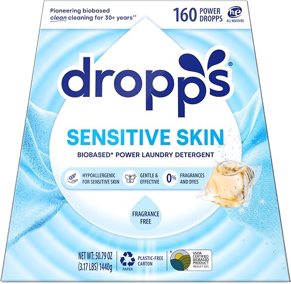 Dropps Sensitive Skin Laundry Detergent Pods, Unscented (160 Ct) - Hypoallergenic & Dermatologist Tested | Free & Clear | Laundry Pods for Sensitive Skin | Clean Ingredients | Plastic Free Packaging