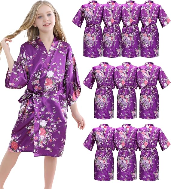 MORFORU 10pcs Girls Kids Silky Satin Daffodils Kimono Robe Sleepwear for Wedding Spa Birthday Party