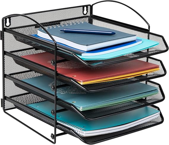 Mind Reader Network Collection 4-Tier Paper Tray File Storage Desktop Organizer Wall Mount File Organizer, Metal Mesh, Black