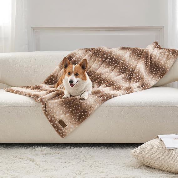 COZY KISS Waterproof Pet Blanket, Christmas Deer Print Blanket for Bed Couch Protector, Reversible Washable Plush Dog Faux Fur Throw for Puppy, Double Sided Cat Blanket, 75x100cm, Brown