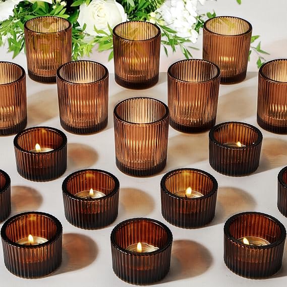 20pcs Assorted Votive Candle Holders for Tea Light Candles, Amber Glass Tea Light Candle Holders Set, Decorative Ribbed Tealight Holder for Wedding Table Decor, Dining Room, Valentine's Day, Birthday