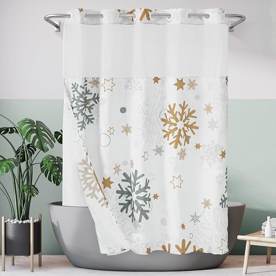 ALYVIA SPRING No Hook Snowflake Shower Curtain with Snap-in Liner - Winter Shower Curtain for Bathroom, Hotel Style with Mesh Top Window, Machine Washable, 71x74