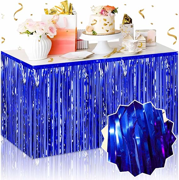 3 Pack Blue Foil Fringe Table Skirts Metallic Tinsel Streamers Garland Banner Backdrop for Table Decor, Parade Float, Birthday, Wedding, Halloween, Christmas Party Decorations(29x108 In)