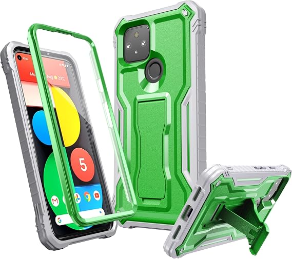 FITO for Pixel 5 Case, Dual Layer Shockproof Heavy Duty Case with Screen Protector for Google Pixel 5 Phone, Built-in Kickstand (Green)