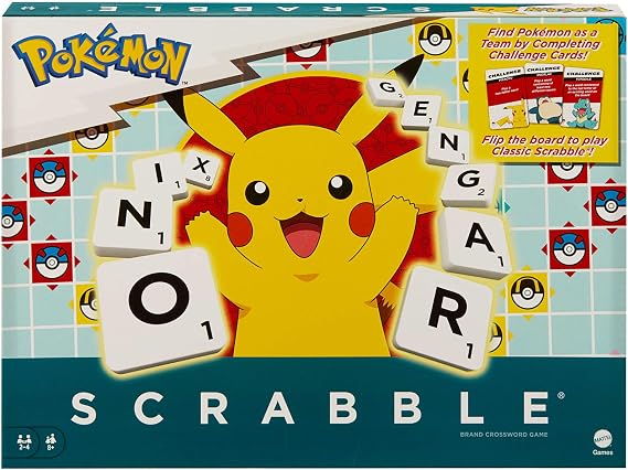 Mattel Games Scrabble Pokémon Board Game, Family Word Game with Two Ways to Play, includes 50 Challenge Cards featuring Pokémon characters for 2-4 Players, UK Version, HXB94