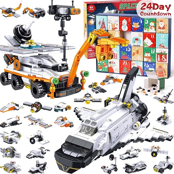 Kids Advent Calendar 2025 for Boys, 24 Days Christmas STEM Spaceship Building Blocks Countdown Calendar Gifts Box with 12-in-1 Mars Rover Space Shuttle Bricks Toys Set for Kids Teens Girls Boys Age 6+