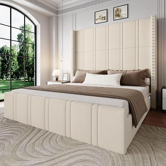 65.75" Tall King Size Bed Frame and Headboard, Beige