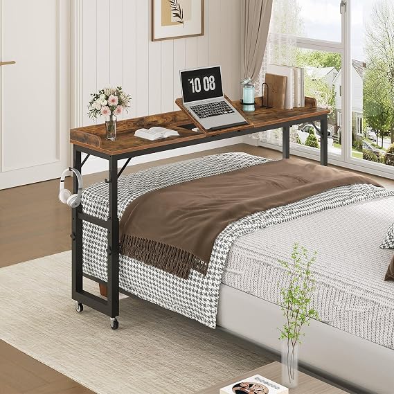 MAHANCRIS Overbed Table with Wheels, Queen Size Mobile Bed Desk with Adjustable Height, Computer Desk with Tilt Stand, Rolling Laptop Table, Recliner Desk for Office, Hospital, Rustic Brown MTHR18101
