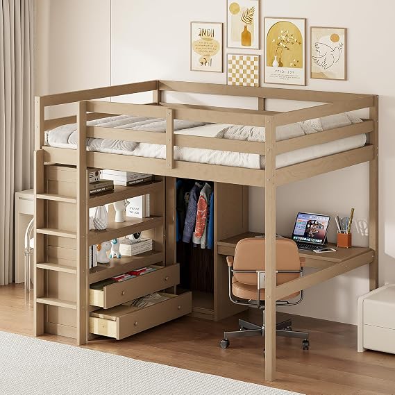 Full Size Multifunctional Loft Bed with Built-in Wardrobe, Desk, Storage Shelves and Drawers, Wooden Loft Bed Frame with Ladder -Length Guardrail, No Box Spring Needed (Walnut-11)
