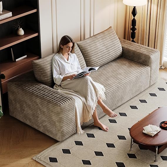 70-inch Boneless Loveseat Sofa, Cloud Corduroy Floor Compressed Deep Seat Lounge Sofa Couch in A Box, Comfy Fluffy Modern Plush Memory Foam No Assembly Couch for Living Room, Bedroom, Office, Camel