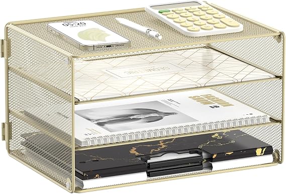DALTACK 3 Tier Letter Tray Paper Organizer with Sliding Mesh Trays Yellow