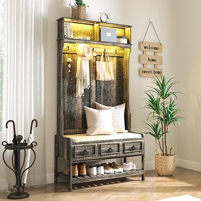 Gurexl 67 Farmhouse Hall Tree with Shoe Storage, Auto Sensor Wood Coat Tree with LED Lights, 3-in-1 Entryway Bench with Coat Rack, Hooks and Drawers for Hallway, Living Room Dark Rustic Oak