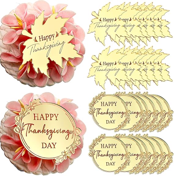 Golden Mirror Acrylic Thanksgiving Cake Toppers, Maple Leaf and Round Design, 24 Pieces, 1.6mm Thick, Floral Cupcake Decorations