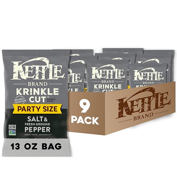 Kettle Brand Potato Chips, Krinkle Cut, Salt & Ground Pepper Kettle Chips, Party Size, 13 Oz (Pack of 9)