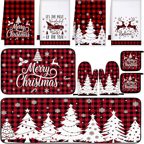 Fanfanwin 10 Pcs Christmas Kitchen Decor Set Kitchen Towels and Rugs Oven Mitts Pot Holders Absorbent Towels for Baking Cooking BBQ Gifts Home Decor(Red and Black,Buffalo Plaid)