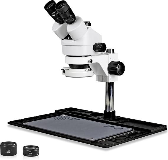 VS-10FZ-IFR07 Simul-Focal Trinocular Stereo Zoom 7x-45x Microscope with Barlow Lens, 144-LED Ring Light, Repair and Maintenance Platform for Soldering and, Cell Phone Repair
