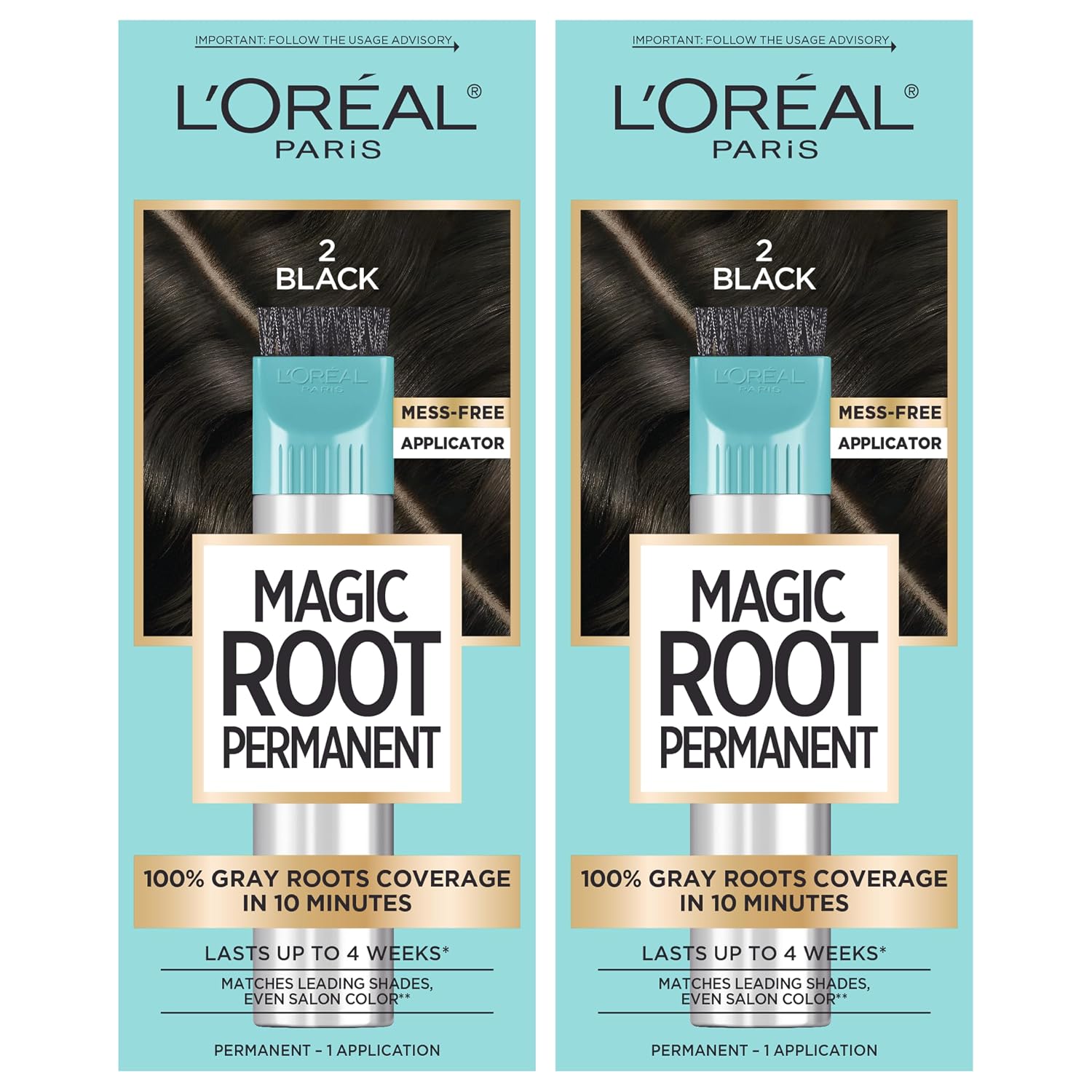 L’Oréal Paris Magic Root Permanent Hair Color, 10 Minute Hair Dye Kit to Rescue Roots with 100% Gray Hair Coverage, 2 Black, 2 Pack Packaging May Vary