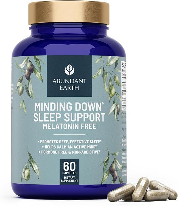 Abundant Earth Natural Sleep Aid for Adults Minding Down Sleep Support Supplement Max Strength Deep Sleep Supplement Without Melatonin to Calm & Restore the Sleeping Cycle + Magnesium, GABA 60ct