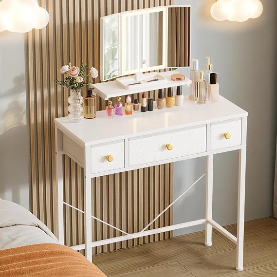 Small Makeup Vanity Desk with Lighted Mirror, 3 Fabric Drawers and Height-Adjustable Stand, White Vanity for Bedroom and Small Spaces