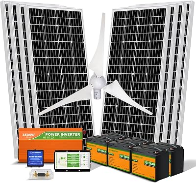 ECO-WORTHY 4.8KWH 1200W 24V Solar Wind Generator System Complete Kit for Off-GridHomeFarmShed: 8pcs 100W Solar Panels  400W Wind Turbine  6pcs 50AH Lithium Batteries  3500W Off-Grid Inverter