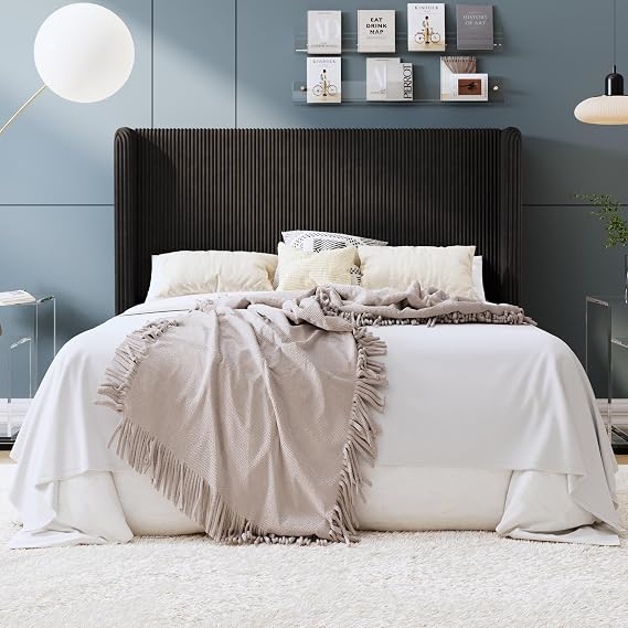 SHA CERLIN Full Corduroy Platform Bed with Tufted Wingback Headboard, Black